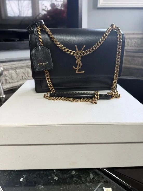 Saint Laurent Black Leather Chain-Detail Sunset medium Shoulder Bag - Picture 1 of 8